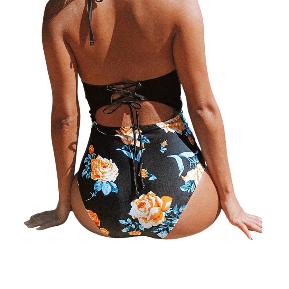 CUPSHE Women Black Floral Print One Piece Swimsuit Halter Cutout Size S - Picture 3 of 8